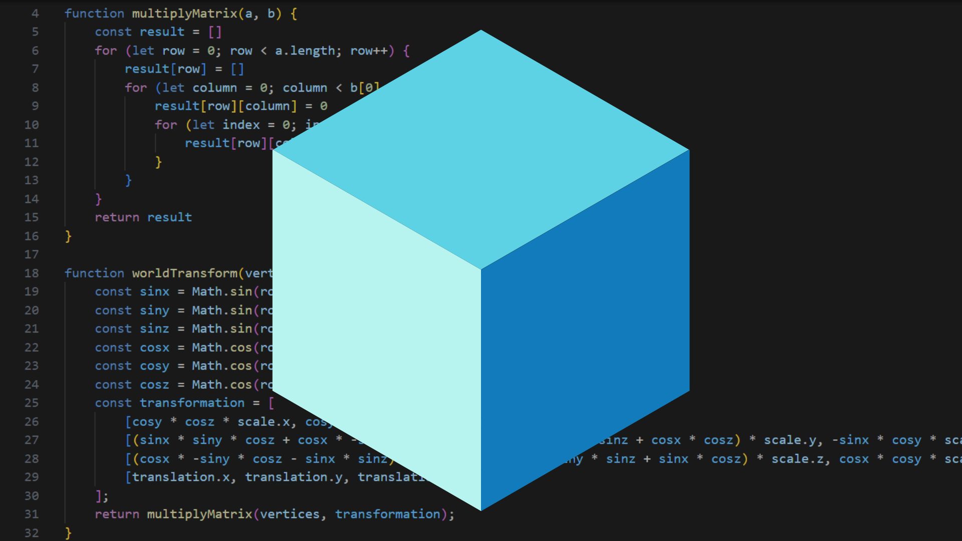 A 3D Cube Standing in Front of JavaScript Code.
